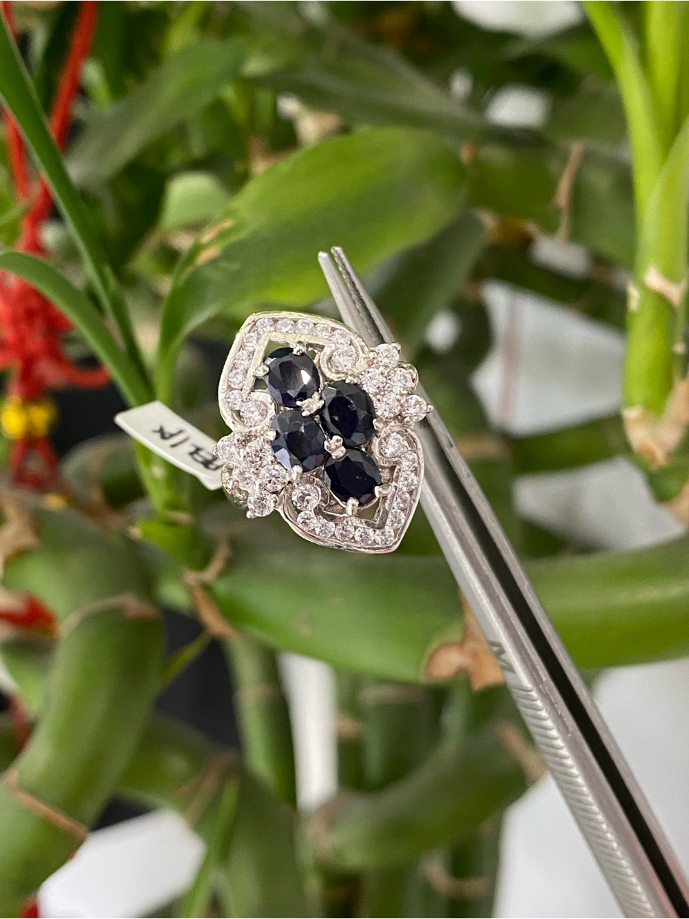 925 Sterling Silver Natural Dark Blue Sapphire And CZ Ring